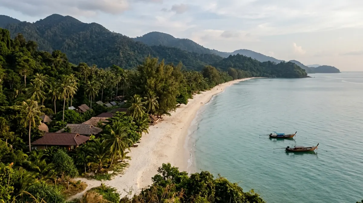 Long west-facing tropical beach backed by palms and forested hills