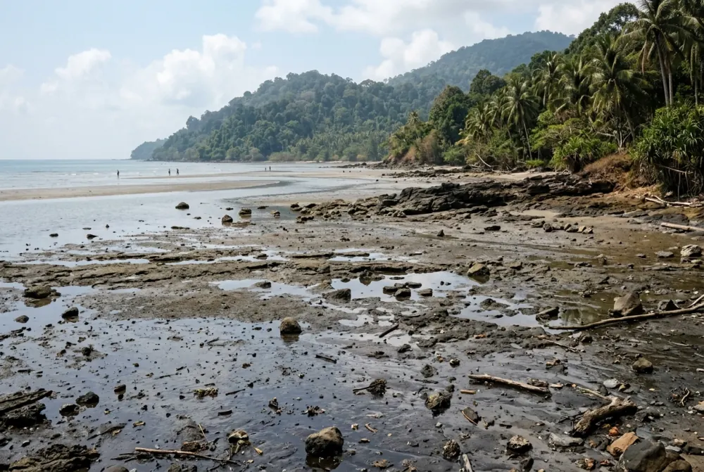 The same kind of beach at low tide with exposed rock and shallow water