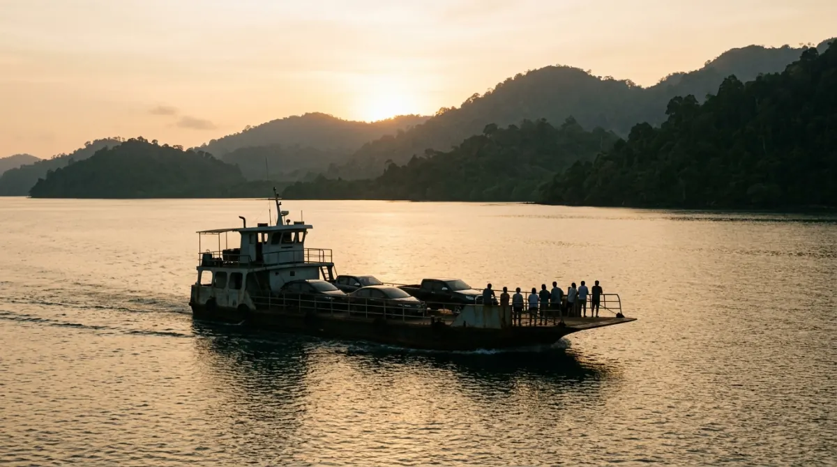 Vehicle ferry crossing to a forested island in low evening light