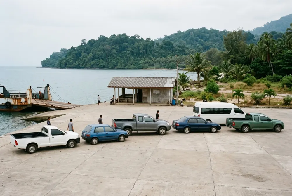 Vehicles waiting on the concrete apron of a mainland ferry pier