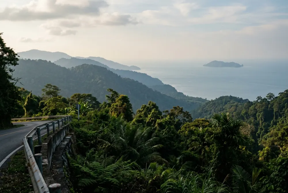 View over forested island ridges and the sea from a mountain road