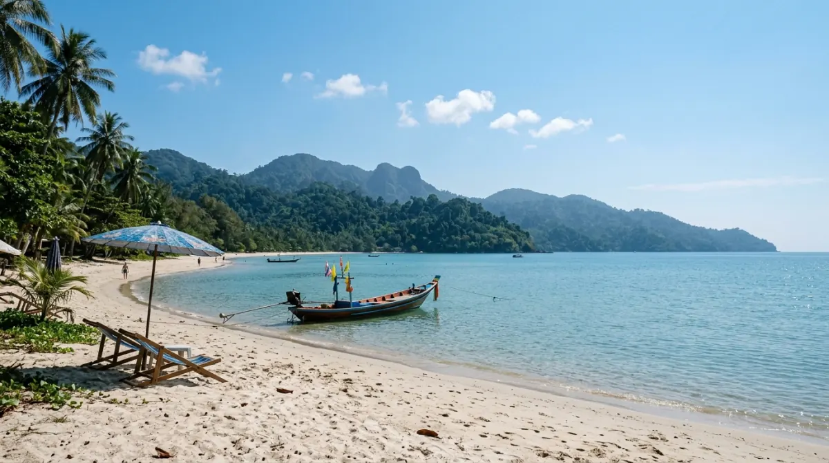 Calm high-season sea and clear sky off a tropical island beach