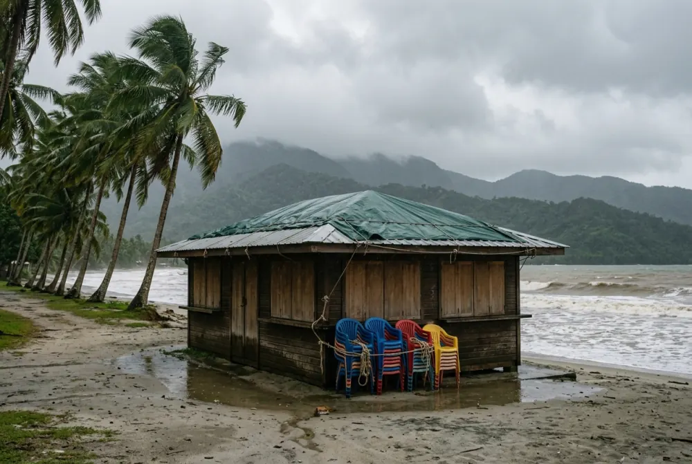 A shuttered beachfront business under monsoon cloud and rough sea