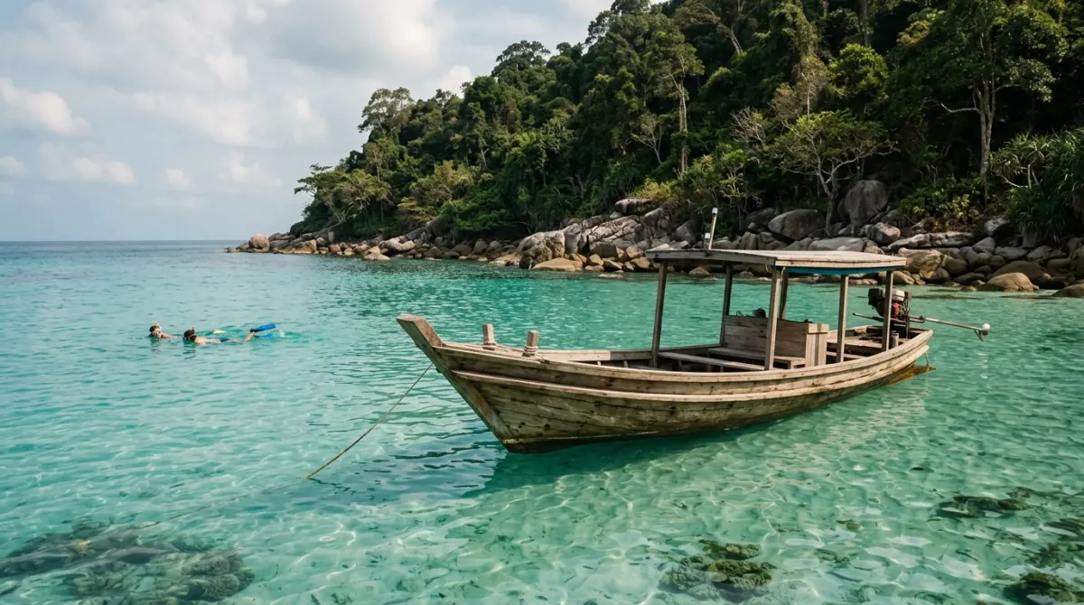 Snorkelling boat anchored off a small uninhabited island