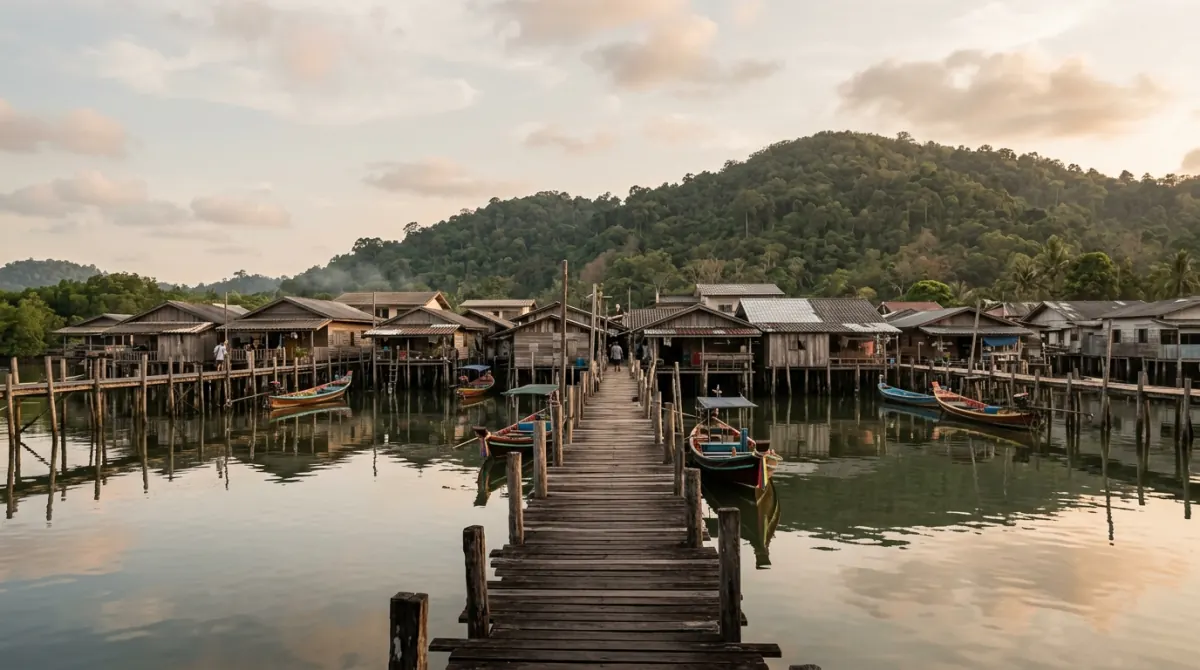 Stilt fishing village built over the water at a pier