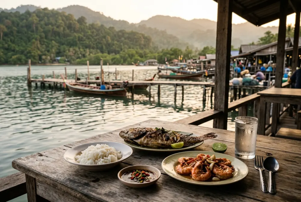 Grilled seafood and rice on a table at a waterside restaurant