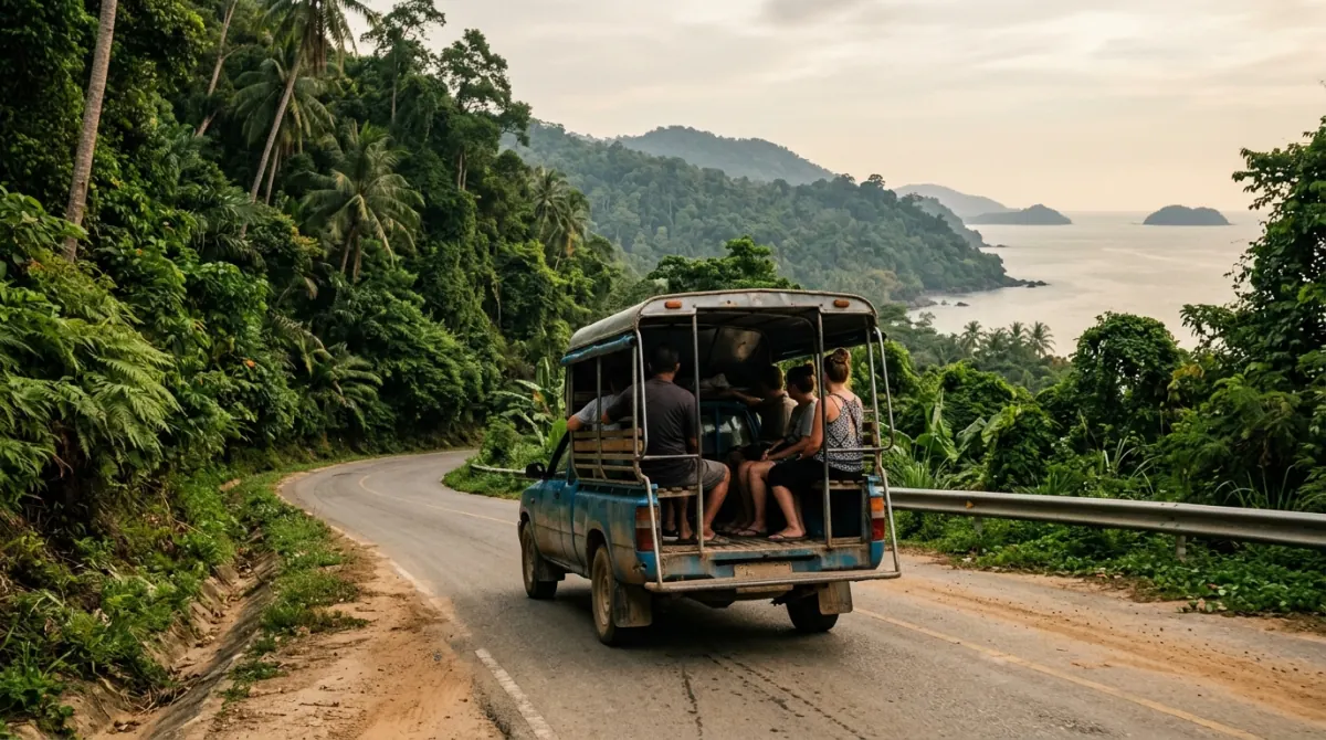 Shared pickup taxi on a coastal island road
